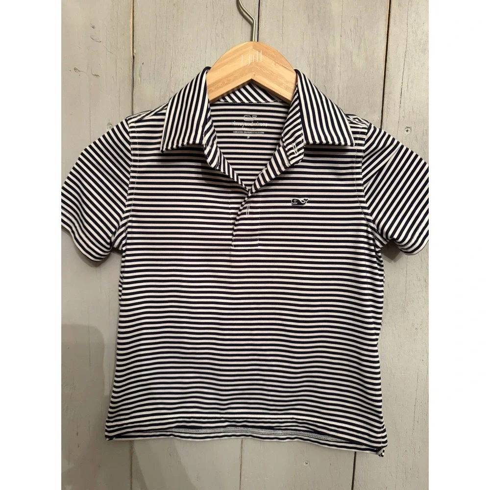 Vineyard Vines Shirt Boys 5 Blue White Striped Sankaty Polo Performance